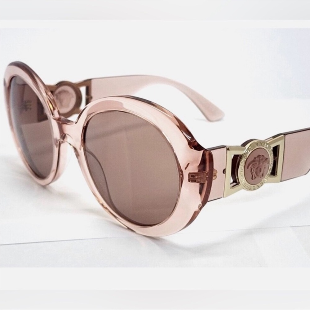 Versace Translucent Blush Round Sunglasses with Gold Accents - Picture 3 of 6